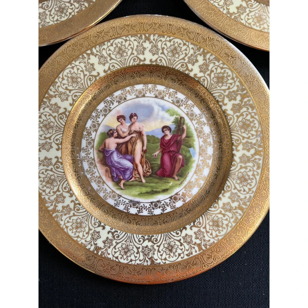 Vintage Royal China 22k Gold Filigree Angelica Kauffman Plates Set of 3 10 1/4
